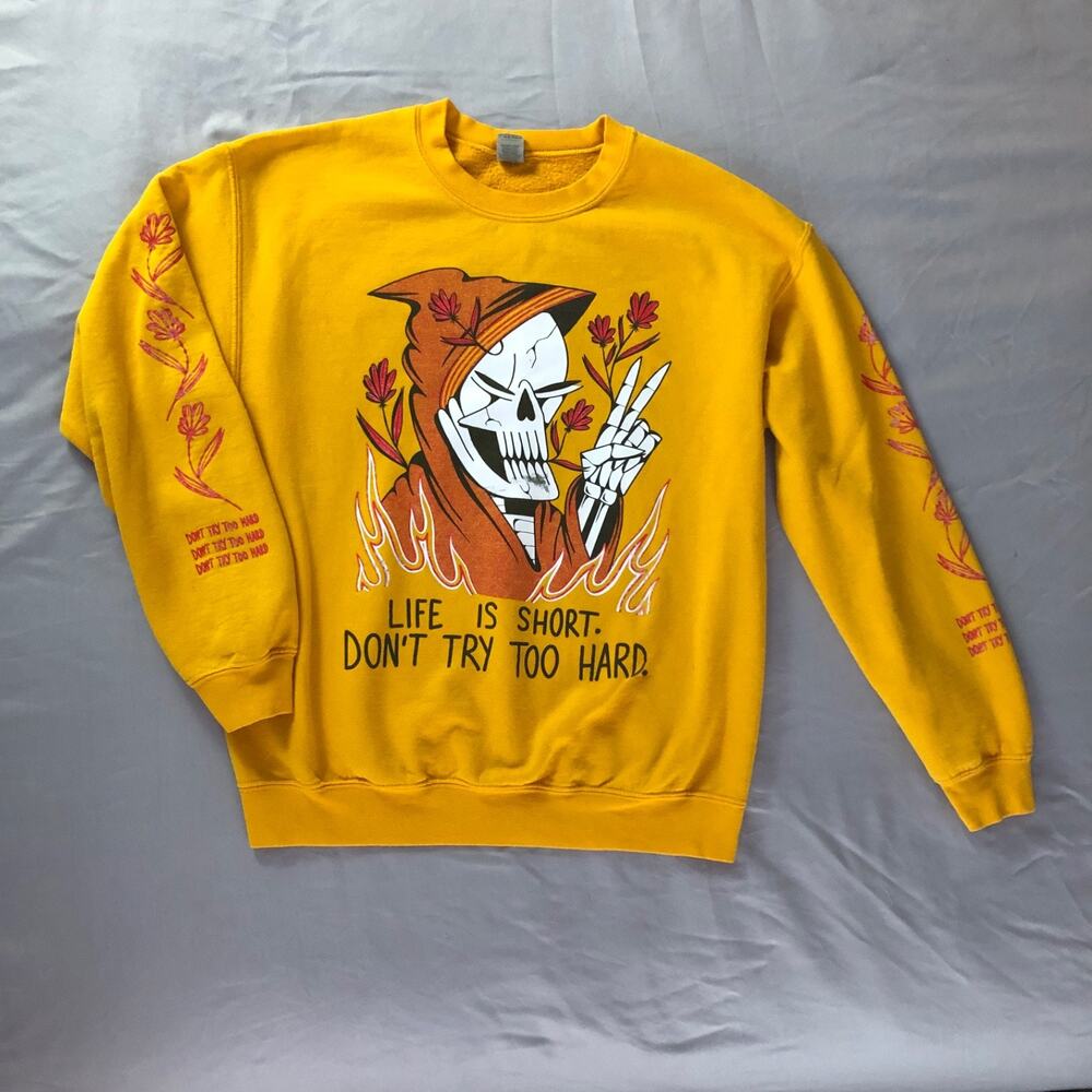 VTG Wicked Clothes Skull Sweatshirt”Don’t Try Too Hard” Graphic Print Mens Large